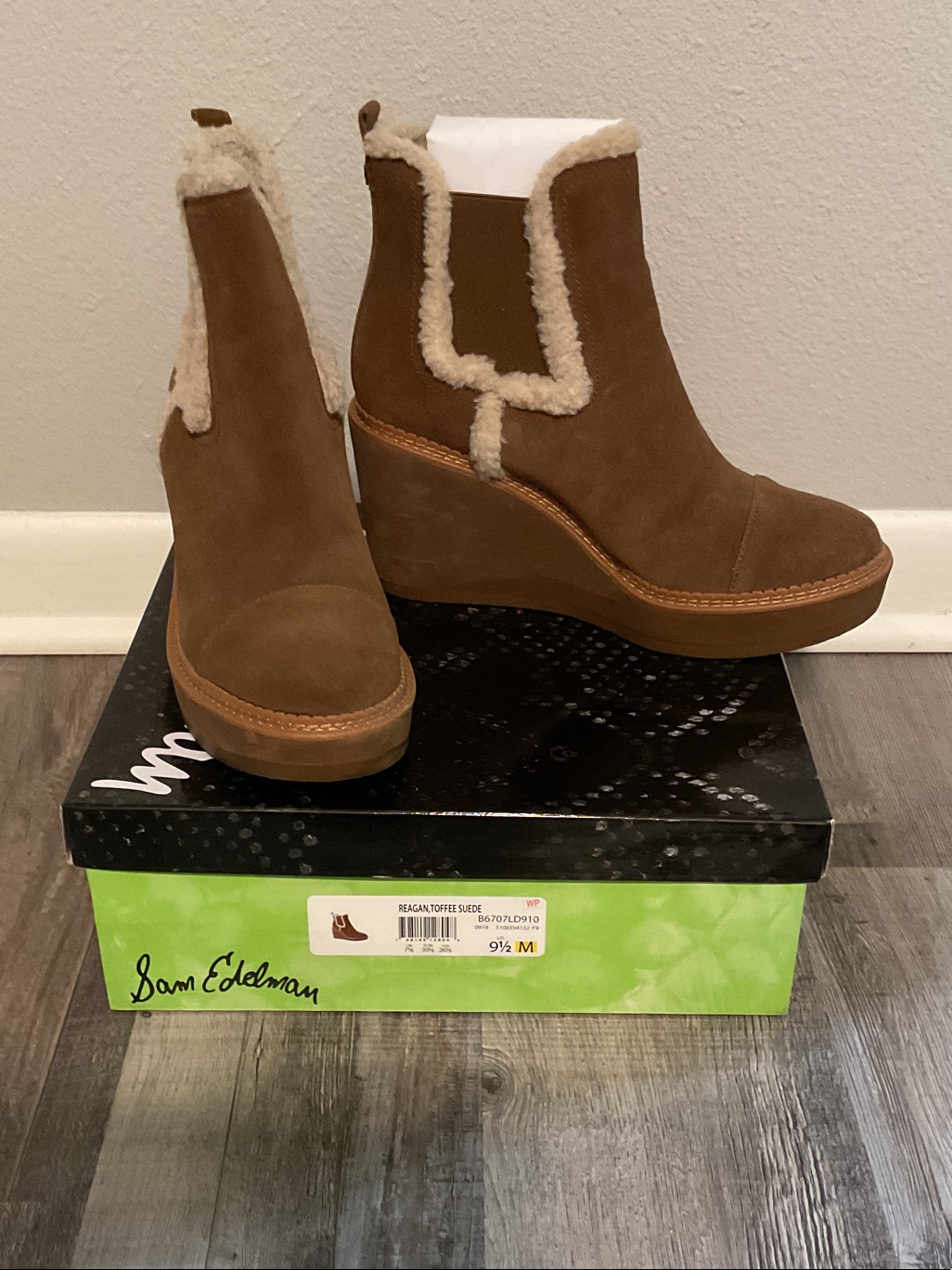 Sam Edelman Tan Suede Wedge Booties With Shearling Trim